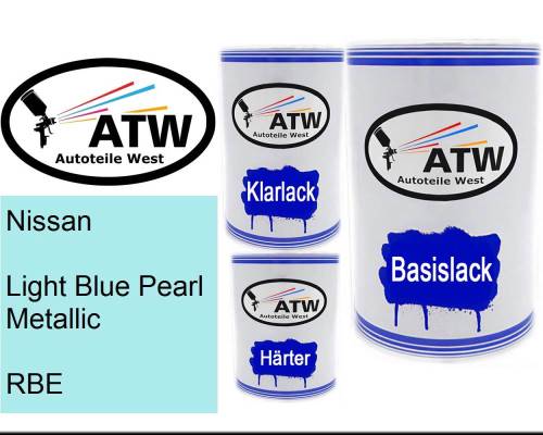 Nissan, Light Blue Pearl Metallic, RBE: 500ml Lackdose + 500ml Klarlack + 250ml Härter - Set, von ATW Autoteile West.
